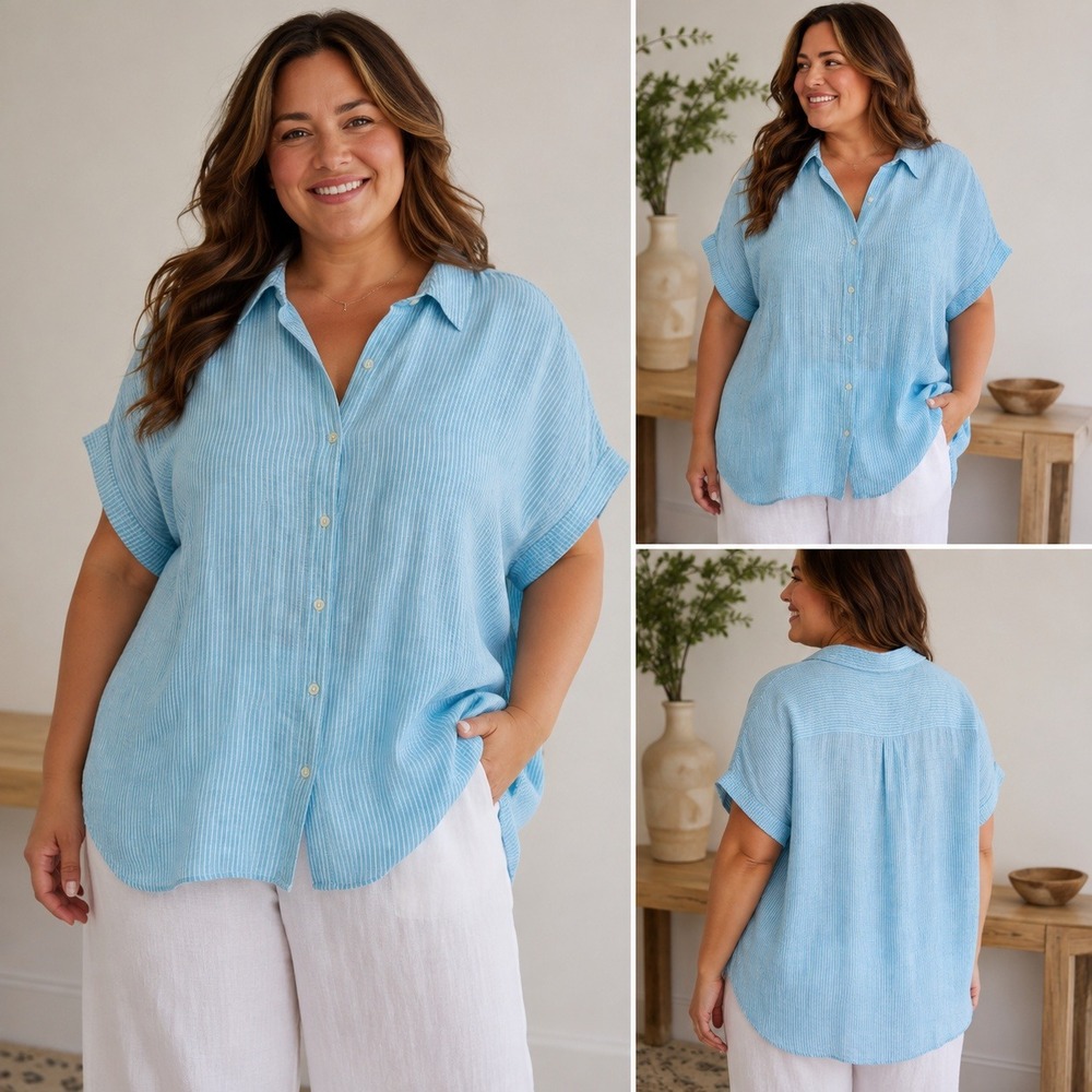Lauren RL Black Label Blue White Striped 100 Linen Button Down Shirt Plus 3XL